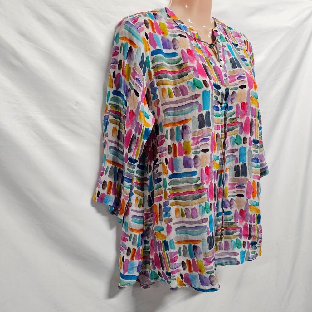 AP NY V Neck Hi-Lo Top Blouse Shirt Women Size M Colorful Cupro blend - Picture 10 of 15